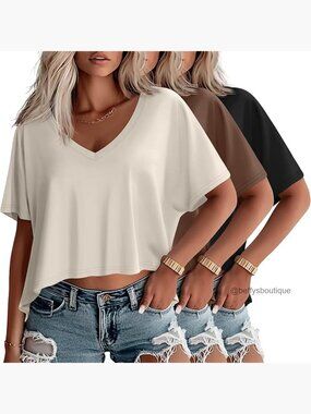 3 Pack Oversized Crop Tees Women V Neck Baggy Short Sleeve Casual Box